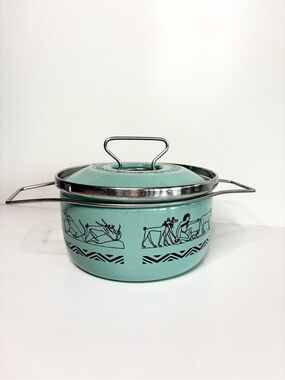 Vintage Siltal Italy Enamel 2 Quart Pot Dutch Oven Egyptian Revival Pattern